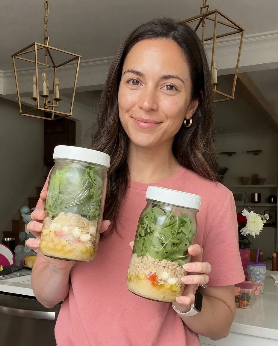 Clara Monteiro segurando dois potes de salada